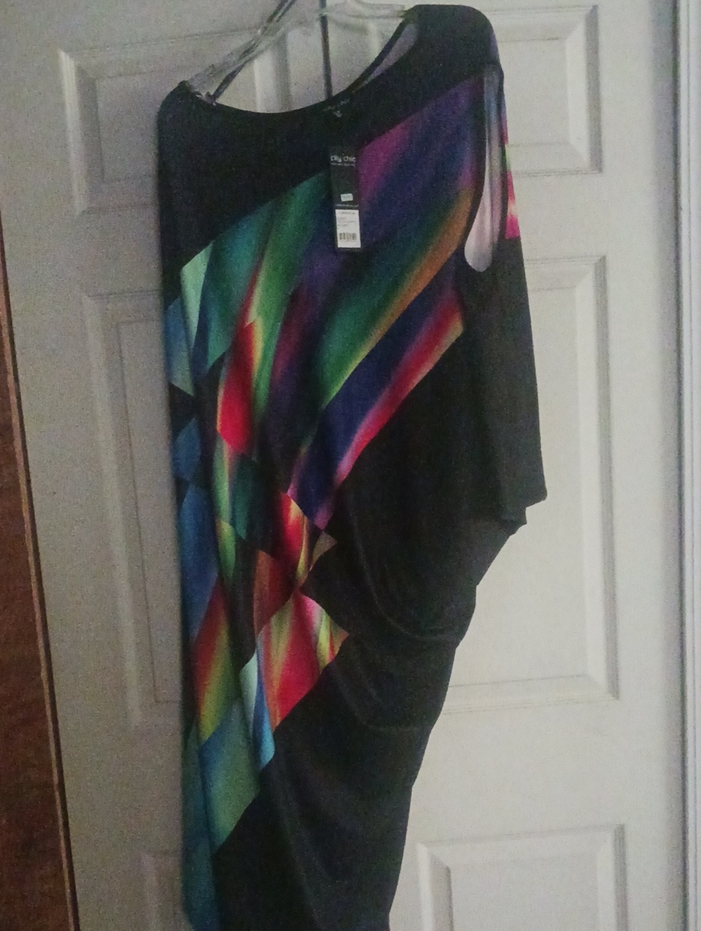 City Chic Black Asymmetrical Dress with Rainbow Diagonal Print